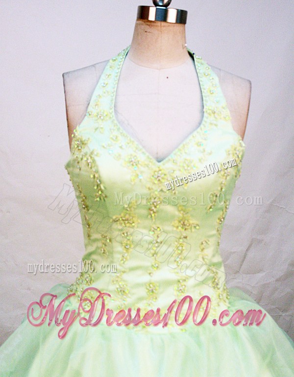 Perfect Ball Gown Halter Top Yellow Green Quinceanera Dress